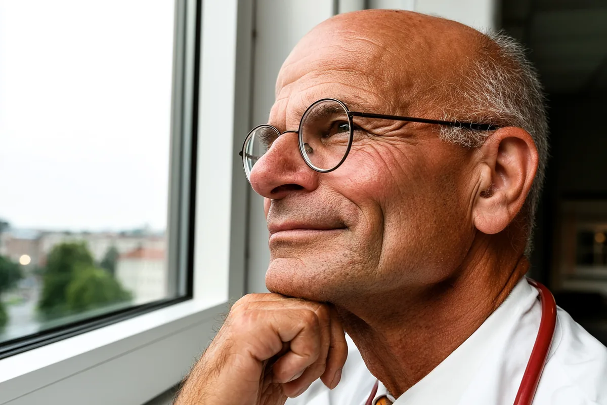 Nachdenklicher Arzt am Klinikfenster – Arzt sein – Beruf oder Berufung?