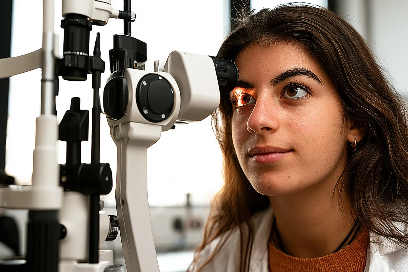 Studierende bei Untersuchung an der Spaltlampe – Augenheilkunde im Medizinstudium