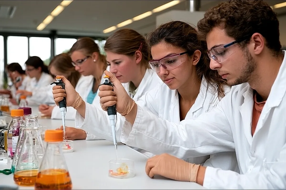 Studierende pipettieren im Biochemie-Labor – Biochemie im Medizinstudium