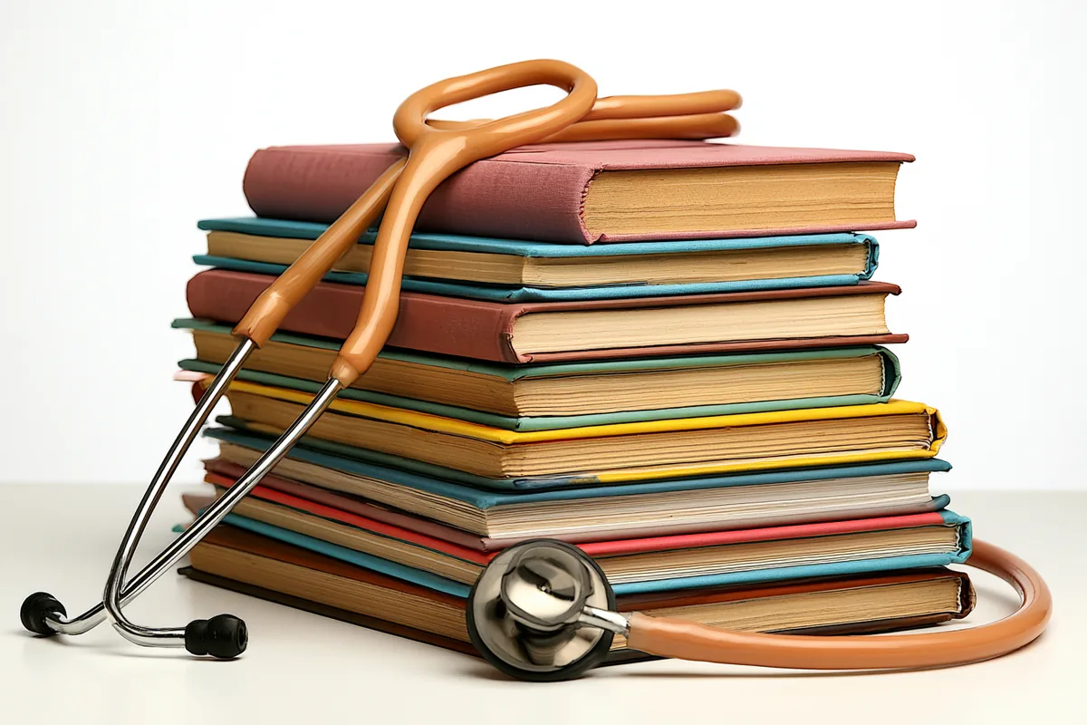 Stapel medizinischer Lehrbücher mit Stethoskop – Diese Bücher solltest Du als Medizinstudent kennen