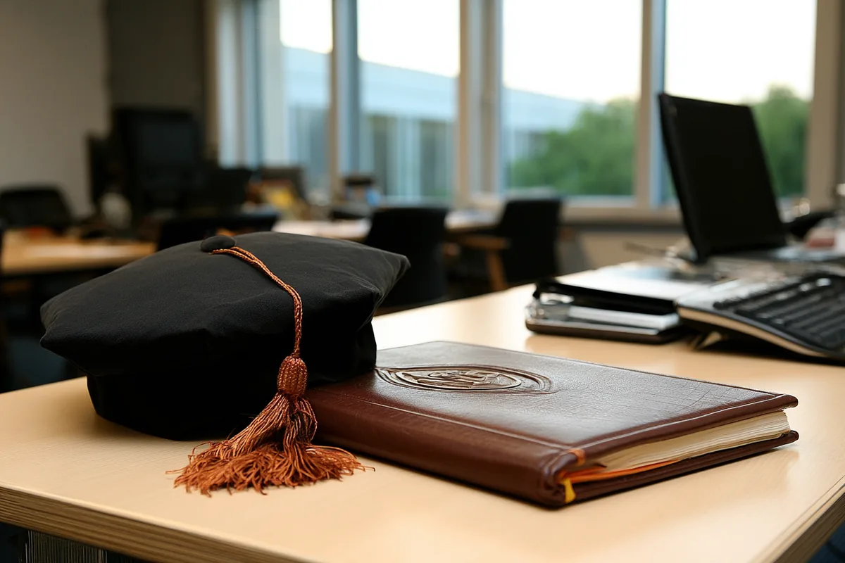 Doktorhut und Dissertation auf Schreibtisch – Dr. med. oder PhD? Was ist der Unterschied?