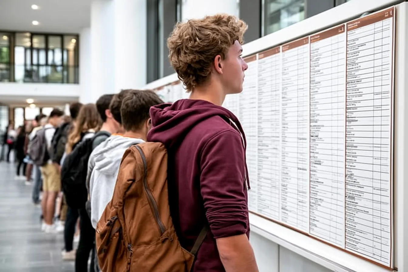 Studierende prüfen Ergebnisse am Aushang – Durchfallquoten im Medizinstudium