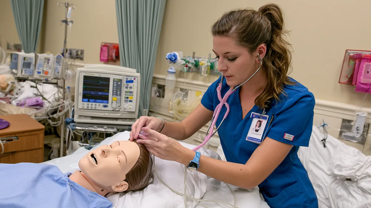 Auszubildende in der Krankenpflege bei einer praktischen Übung im Schulungsraum Auszubildende in der Krankenpflege bei einer praktischen Übung im Schulungsraum