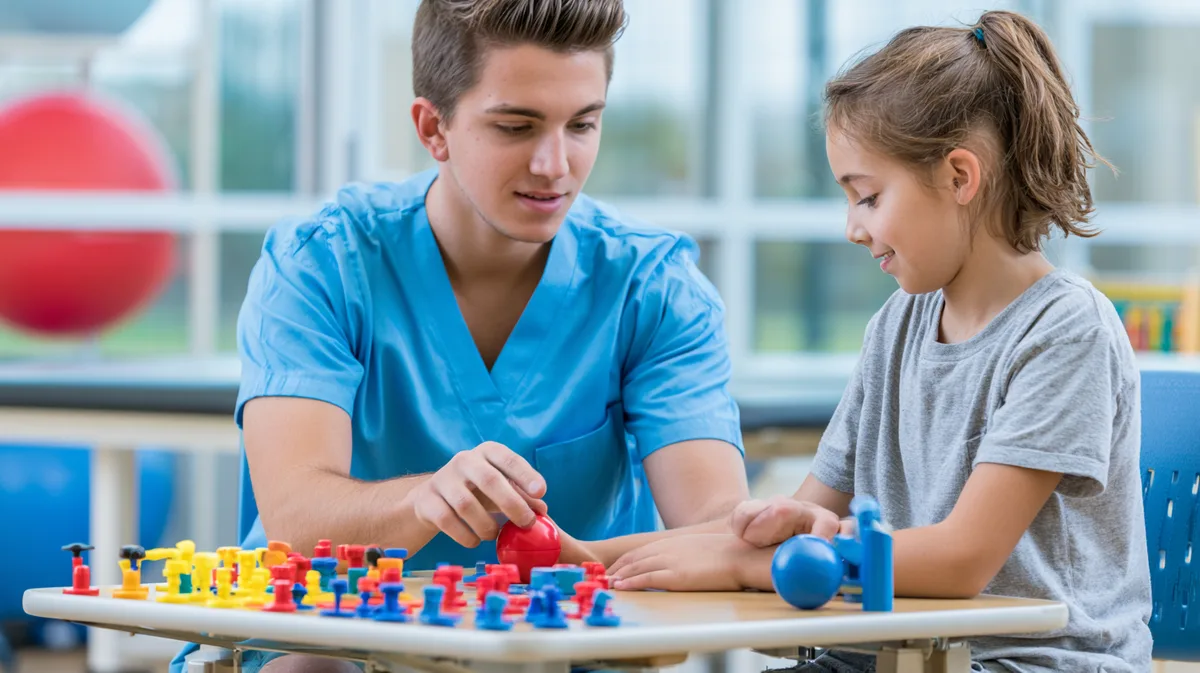 Ergotherapeutin übt mit einem Patienten motorische Übungen am Therapietisch Ergotherapeutin übt mit einem Patienten motorische Übungen am Therapietisch