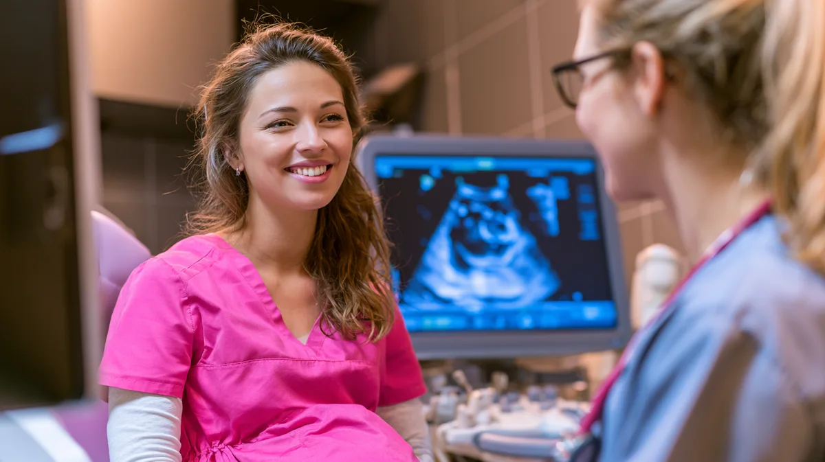 Assistenzärztin bei der Ultraschalluntersuchung in der Schwangerenvorsorge Assistenzärztin bei der Ultraschalluntersuchung in der Schwangerenvorsorge