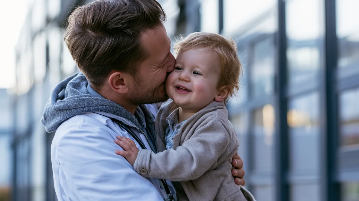 Vater im Arztkittel bringt am Morgen sein Kind zur Kita, kurzer inniger Moment vor der Schicht Vater im Arztkittel bringt am Morgen sein Kind zur Kita, kurzer inniger Moment vor der Schicht