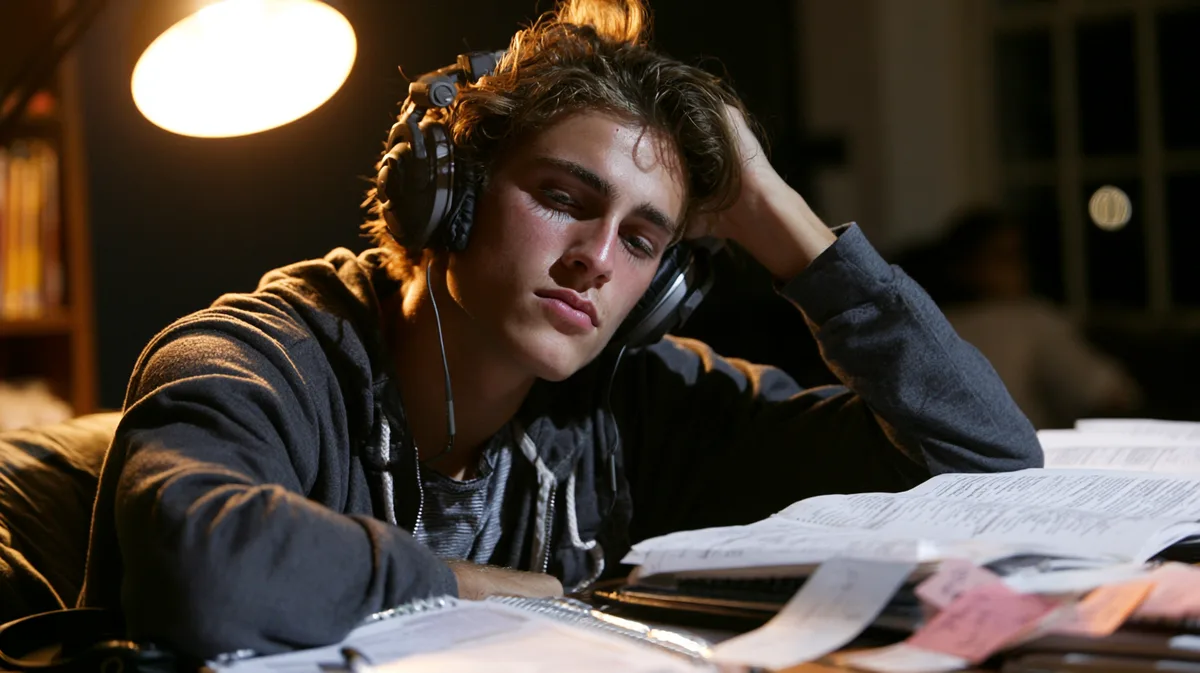 Student mit Kopfhörern beim intensiven Lernen umgeben von Karteikarten Student mit Kopfhörern beim intensiven Lernen umgeben von Karteikarten