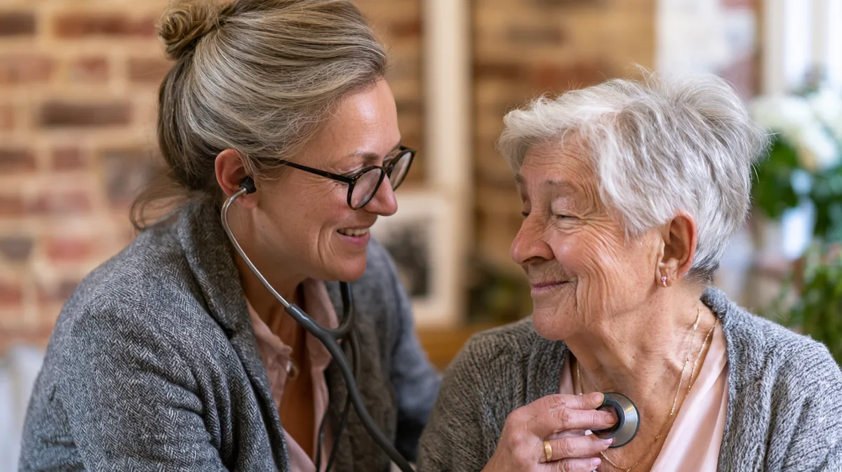 Hausärztin untersucht älteren Patienten mit Stethoskop in der Landarztpraxis Hausärztin untersucht älteren Patienten mit Stethoskop in der Landarztpraxis