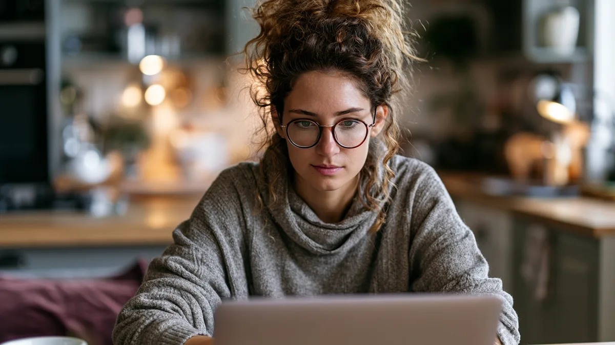 Junge Frau am Laptop bei der Online-Bewerbung am Küchentisch Junge Frau am Laptop bei der Online-Bewerbung am Küchentisch