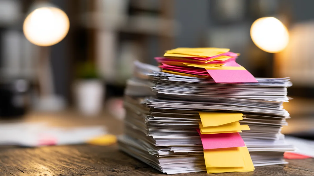 Stapel frisch ausgedruckter Bewerbungsunterlagen mit Post-its zur Priorisierung Stapel frisch ausgedruckter Bewerbungsunterlagen mit Post-its zur Priorisierung