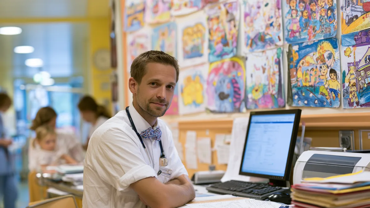 Assistenzärztin in der Kinderklinik bei der Übergabe am Stationsstützpunkt Assistenzärztin in der Kinderklinik bei der Übergabe am Stationsstützpunkt