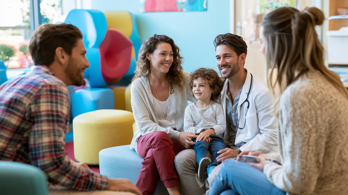 Kinderarzt im Gespräch mit Eltern und Kind im Wartezimmer einer Kinderarztpraxis Kinderarzt im Gespräch mit Eltern und Kind im Wartezimmer einer Kinderarztpraxis