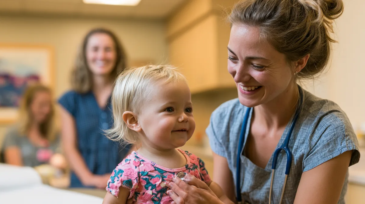 Kinderärztin untersucht lächelnd ein Kleinkind, Elternteil im Hintergrund Kinderärztin untersucht lächelnd ein Kleinkind, Elternteil im Hintergrund