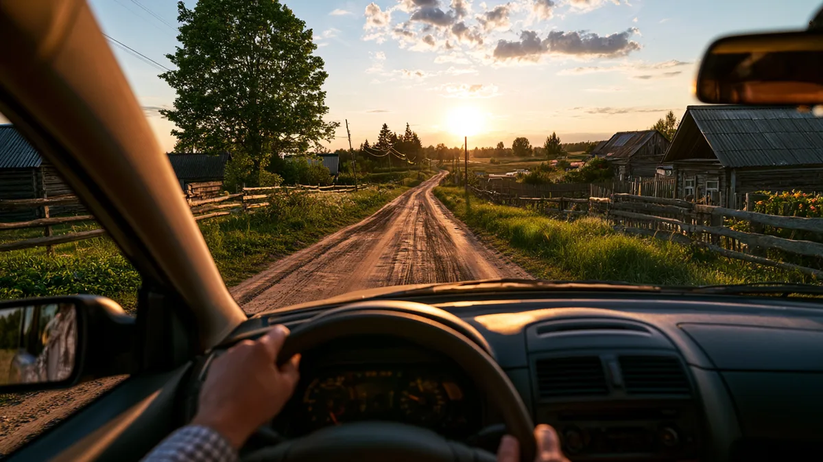 Arzt fährt mit dem Auto durch eine ländliche Landschaft zum Hausbesuch Arzt fährt mit dem Auto durch eine ländliche Landschaft zum Hausbesuch