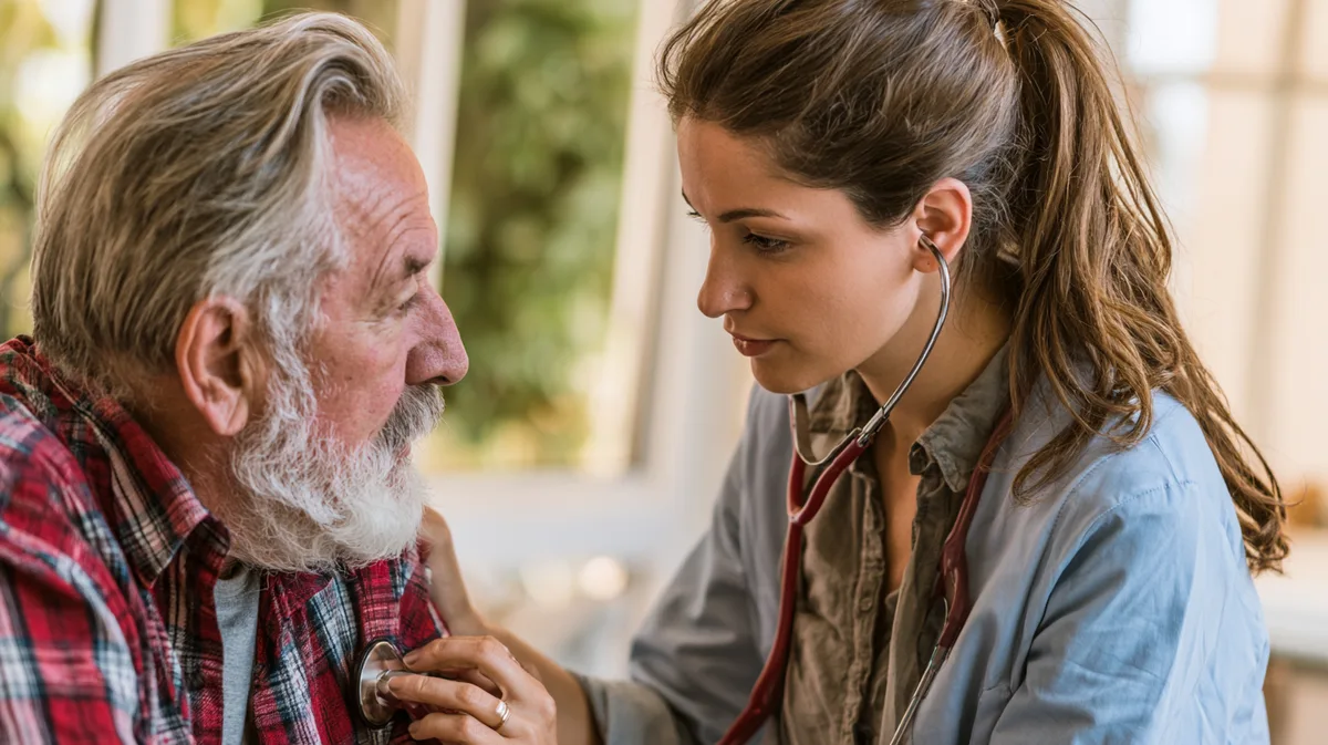 Junge Landärztin bei der Untersuchung eines älteren Patienten in der Landpraxis Junge Landärztin bei der Untersuchung eines älteren Patienten in der Landpraxis
