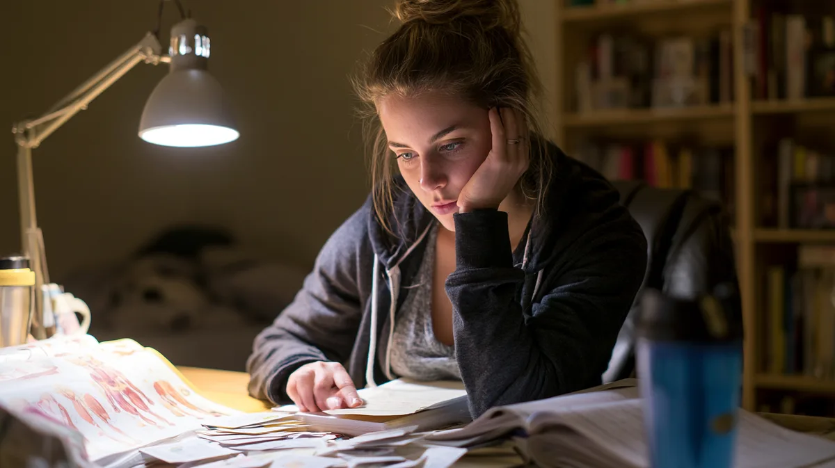 Medizinstudent umgeben von Karteikarten und Anatomie-Atlas am Schreibtisch bei einer späten Lernnacht Medizinstudent umgeben von Karteikarten und Anatomie-Atlas am Schreibtisch bei einer späten Lernnacht