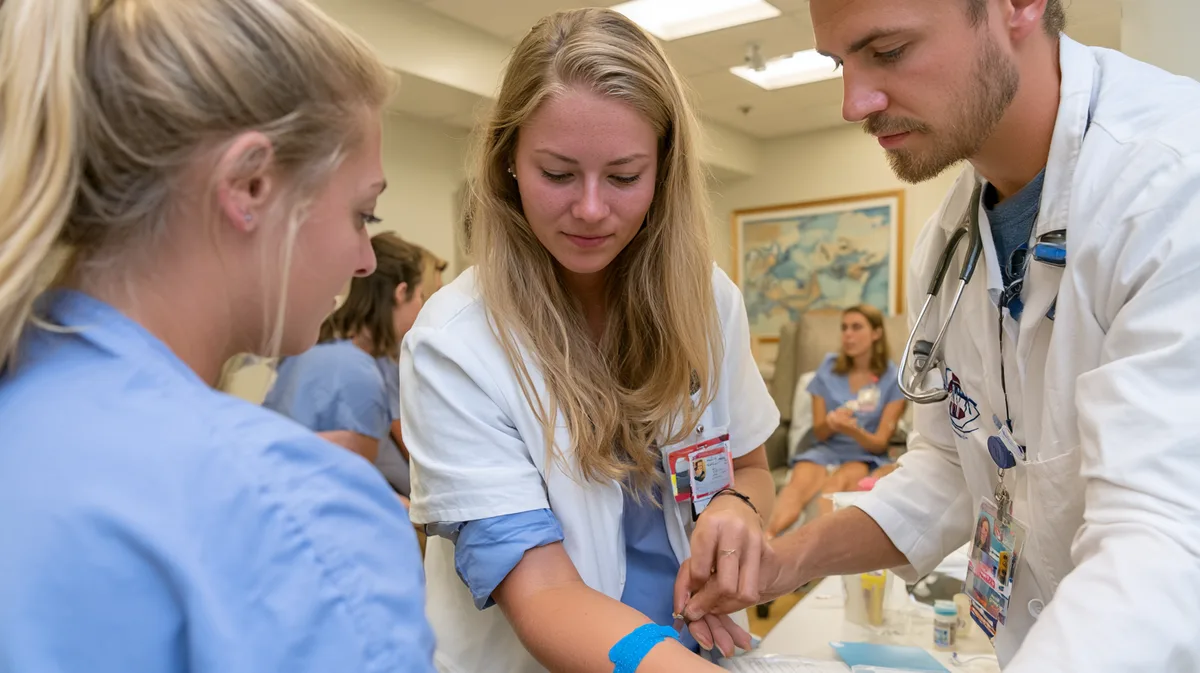 PJ-Studentin im kurzen weißen Kittel bei der Blutentnahme unter Aufsicht PJ-Studentin im kurzen weißen Kittel bei der Blutentnahme unter Aufsicht