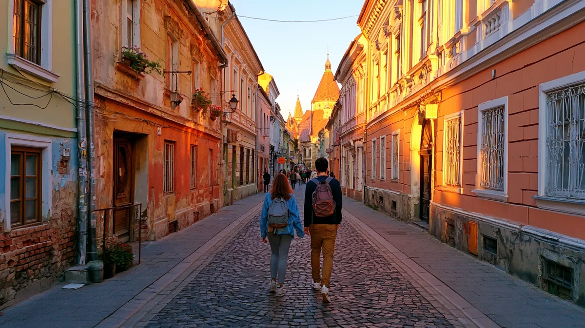 Studierende schlendern durch die Altstadt von Cluj-Napoca, warmes Abendlicht Studierende schlendern durch die Altstadt von Cluj-Napoca, warmes Abendlicht