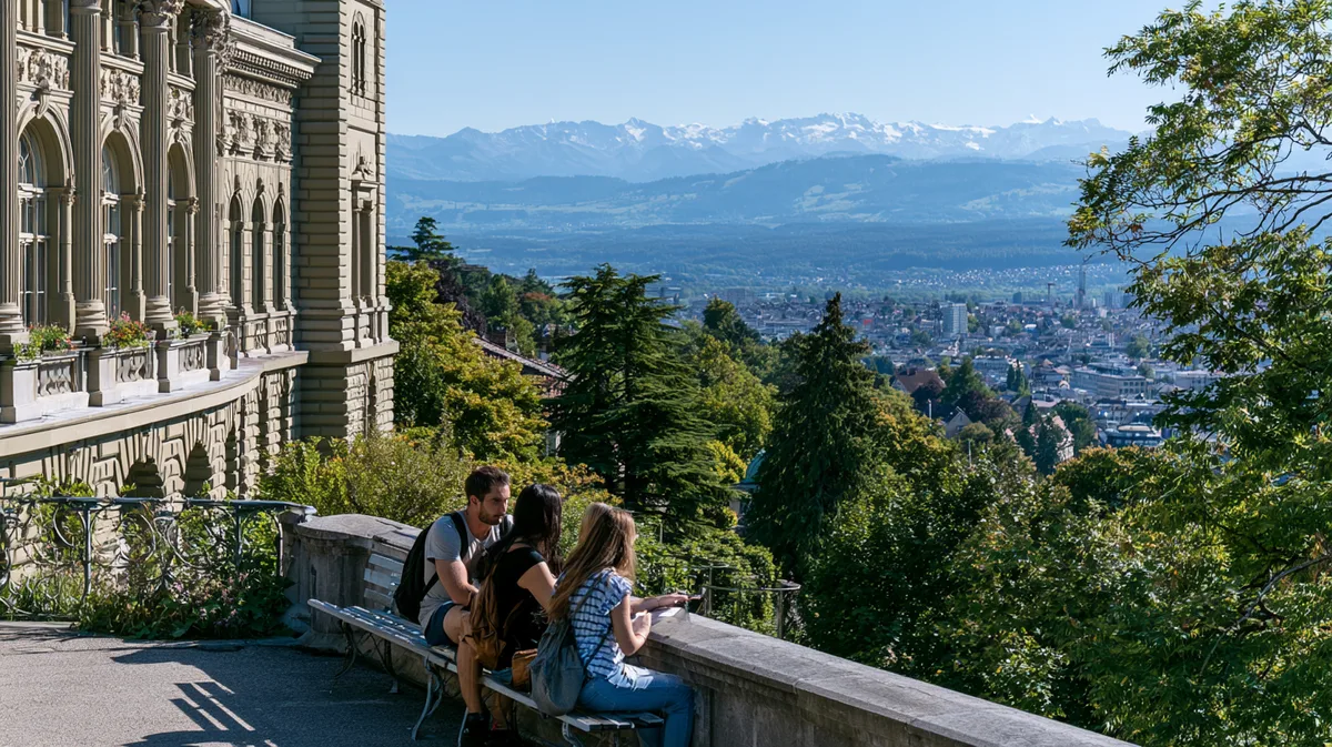 Studierende vor einem Universitätsgebäude in Bern oder Zürich, Alpenpanorama Studierende vor einem Universitätsgebäude in Bern oder Zürich, Alpenpanorama