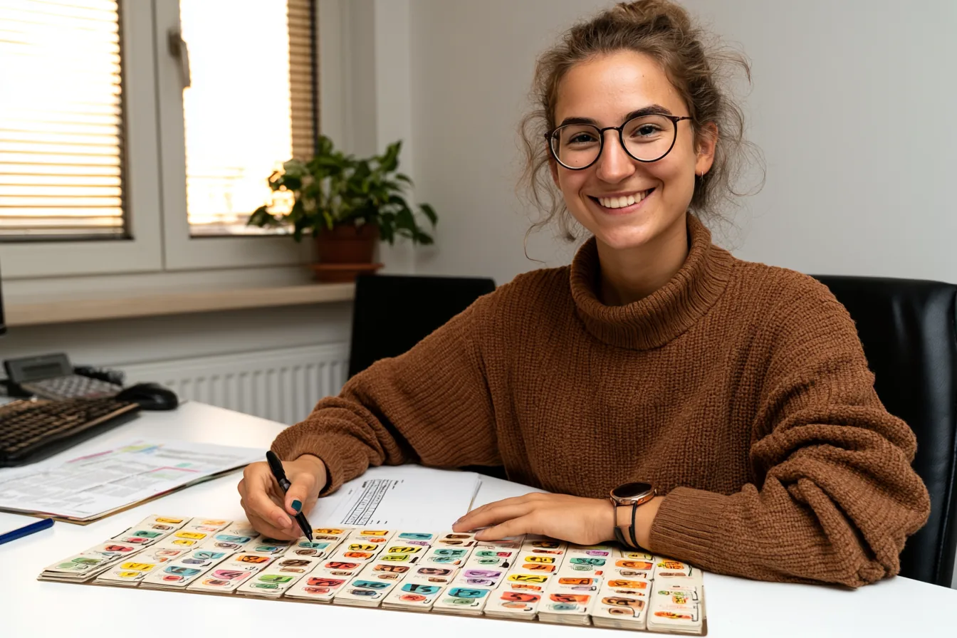 Medizinstudentin bereitet sich mit Lernkarten strukturiert auf den TMS vor