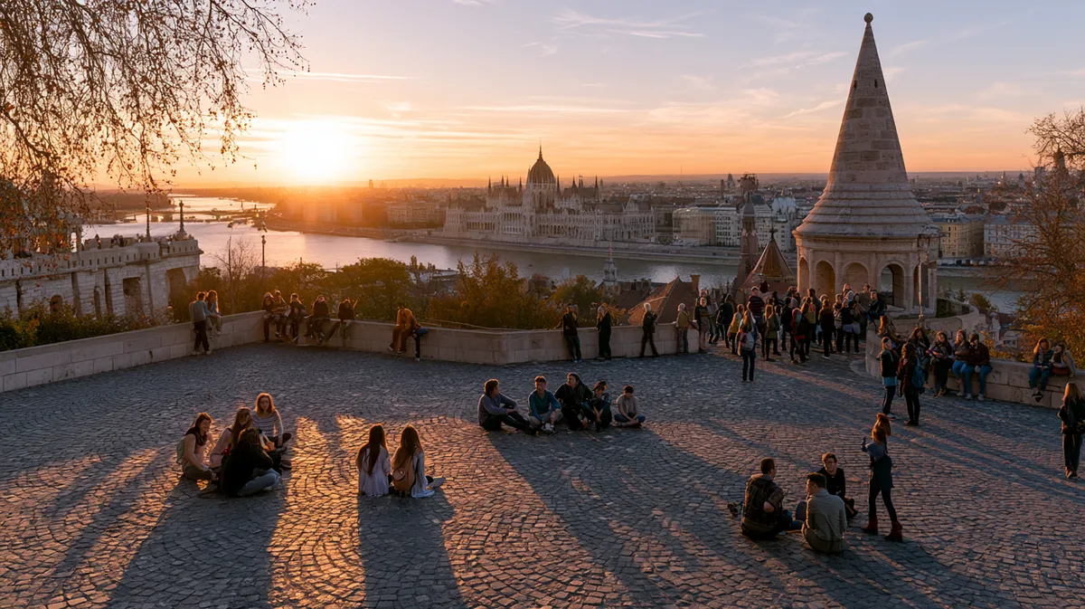Studierendengruppe auf einem historischen Stadtplatz in Budapest bei Sonnenuntergang