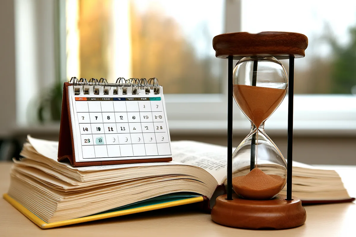 Kalender und Sanduhr neben Lehrbüchern – Regelstudienzeit im Medizinstudium – so lange dauert das Studium