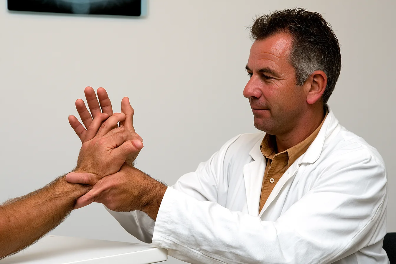 Handchirurg untersucht Hand, Röntgenbild im Hintergrund – Was macht ein Handchirurg?