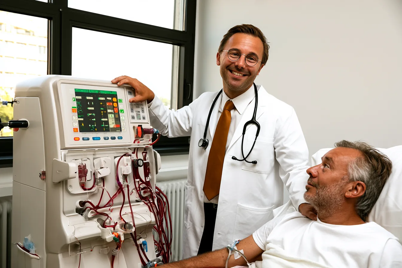 Nierenarzt am Dialysegerät neben Patient – Was macht ein Nierenarzt?
