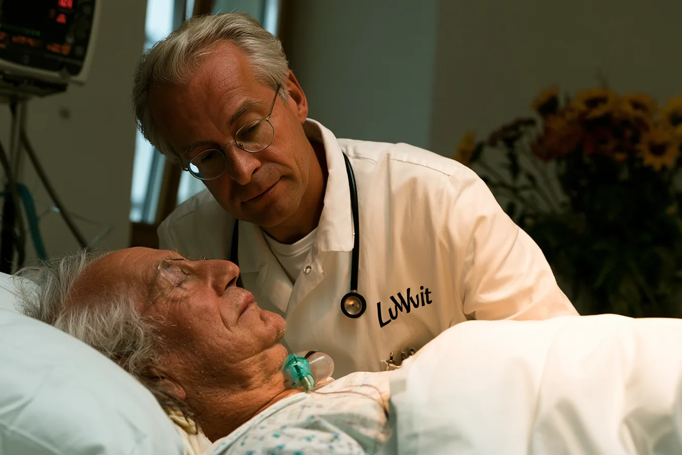 Palliativmediziner am Patientenbett, warme Atmosphäre – Was macht ein Palliativmediziner?