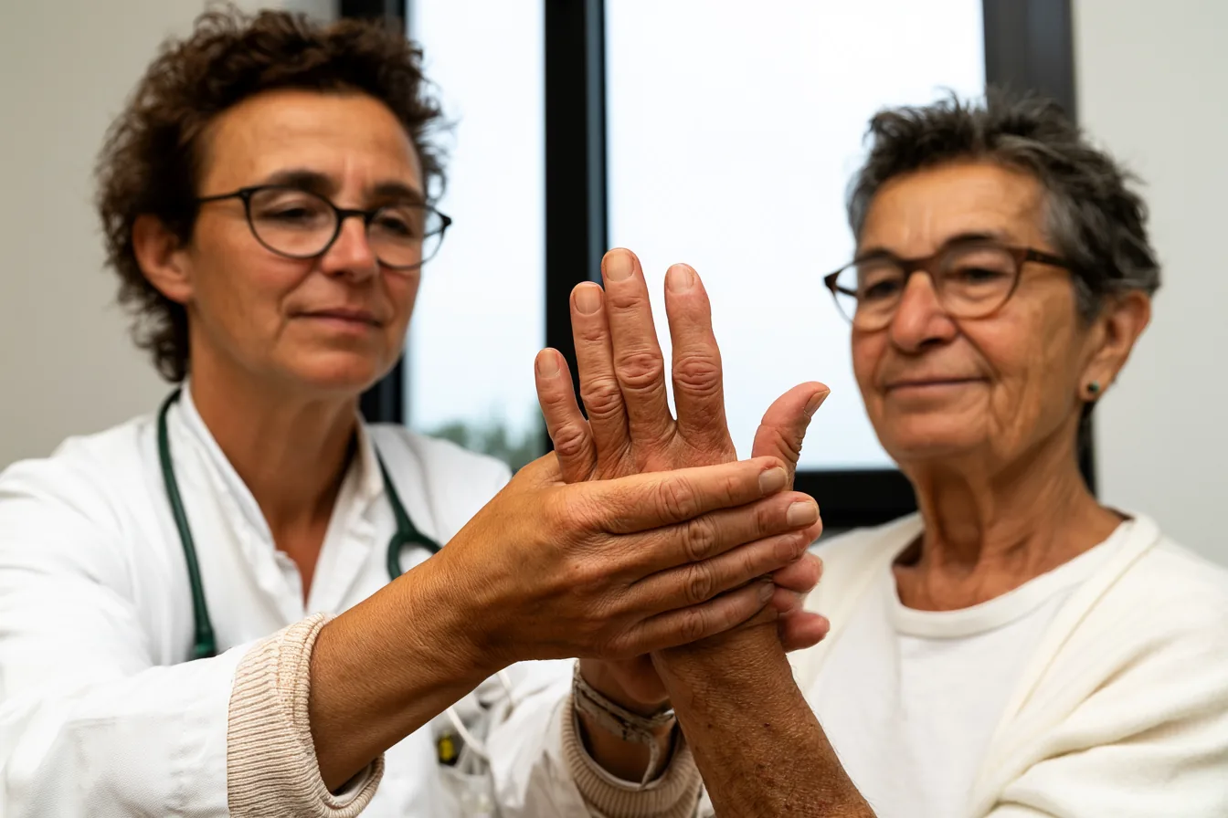 Rheumatologe untersucht Handgelenke eines Patienten – Was macht ein Rheumatologe?